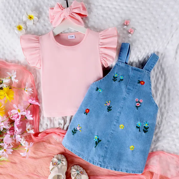 【9M-3Y】3-piece Baby Girl Sweet Pink Ruffle Top And Floral Embroidered Denim Strap Skirt Set With Hairband - Popopieshop.com 