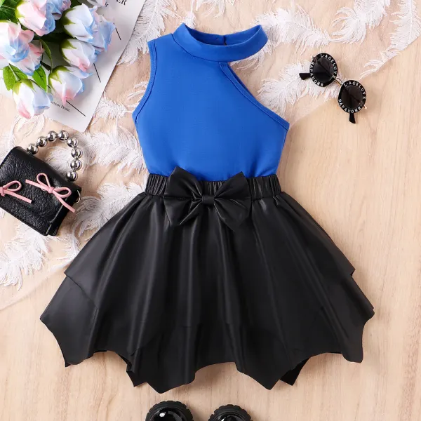 【3Y-7Y】2-piece Girls Fashion Off Shoulder Tank Top And Faux Leather Bowknot Multi-Layer Skirt - Popopieshop.com 