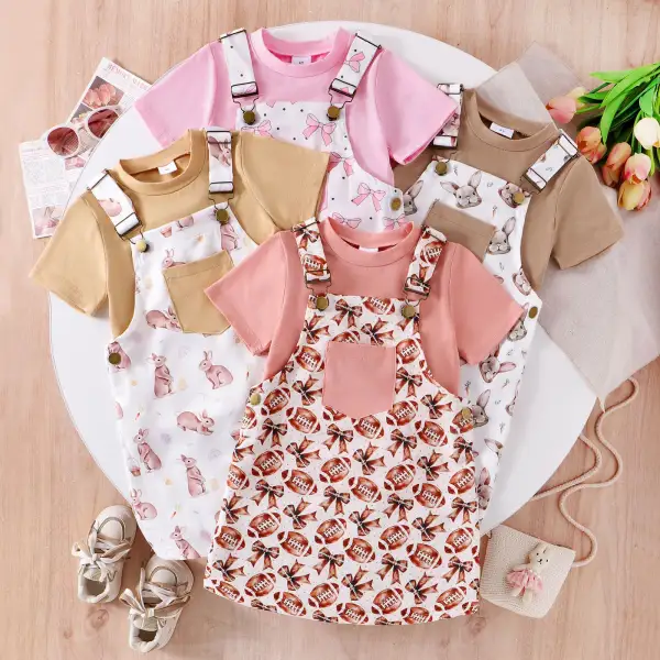 【3Y-8Y】2-piece Girls Cute Cotton Short Sleeve T-shirt And Bunny Bow Rugby Print Strap Skirt Set - Popopieshop.com 