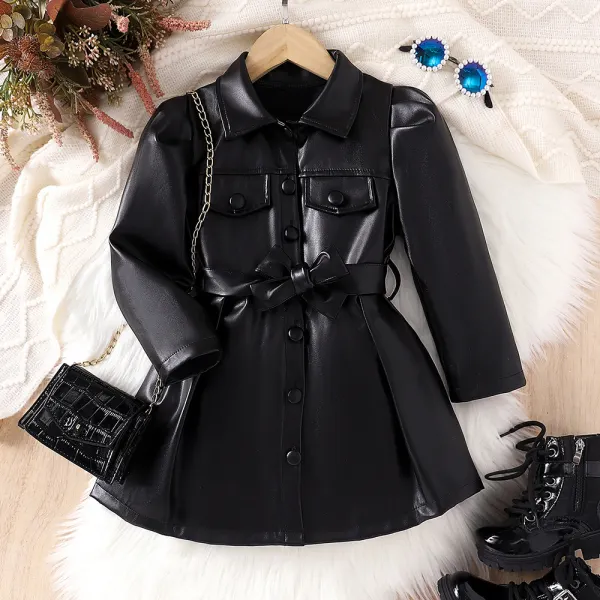 【3Y-7Y】Girls Fashion Black Faux Leather Lapel Long Sleeve Dress With Belt - Popopieshop.com 