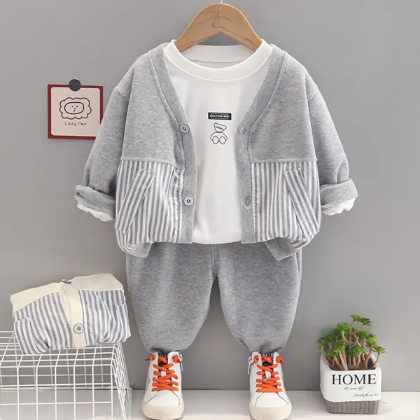【12M-5Y】3-piece Boys Casual Cotton Long Sleeve T-shirt Striped Stitching Y-Neck Jacket And Pants Set - Popopieshop.com 