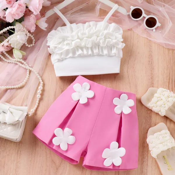 【3Y-7Y】2-piece Girls Elegant Ruffled Suspender Top And Appliqued Pleated Shorts Set - Popopieshop.com 