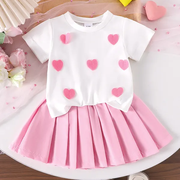【6M-3Y】2-piece Baby Girl Sweet Heart Embroidered Short Sleeve T-shirt And Pleated Skirt Set - Popopieshop.com 