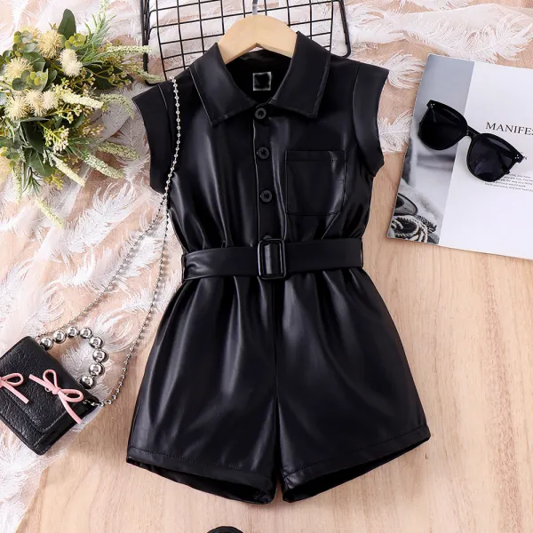【3Y-7Y】Girls Fashion Black Faux Leather Lapel Sleeveless Jumpsuit With Belt - Popopieshop.com 