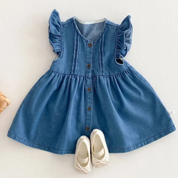 【6M-5Y】Girls Sweet Solid Color Ruffle Denim Sleeveless Dress - Popopieshop.com 