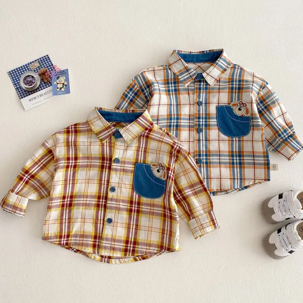 【6M-5Y】Boys Casual Plaid Lapel Long Sleeve Shirt - Popopieshop.com 
