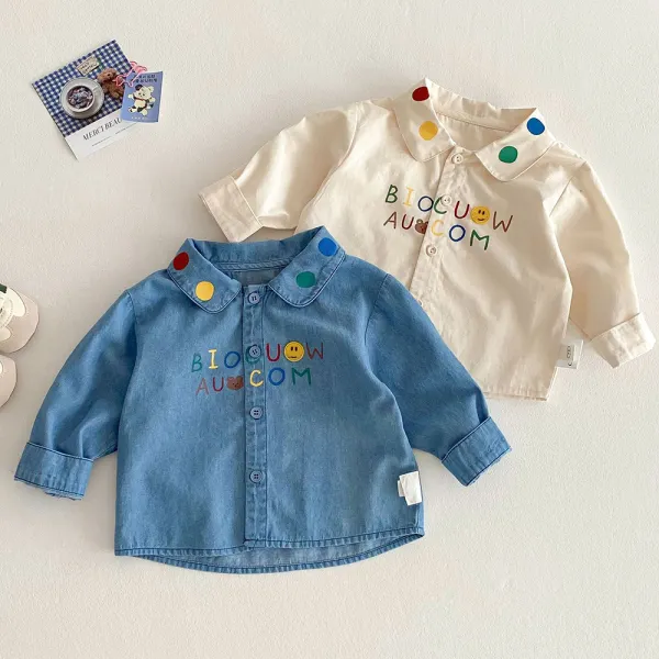 【6M-5Y】Unisex Cute Letter Print Lapel Long Sleeve Shirt - Popopieshop.com 