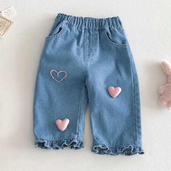 【6M-5Y】Girls Cute Heart Print Ruffle Jeans - Popopieshop.com 