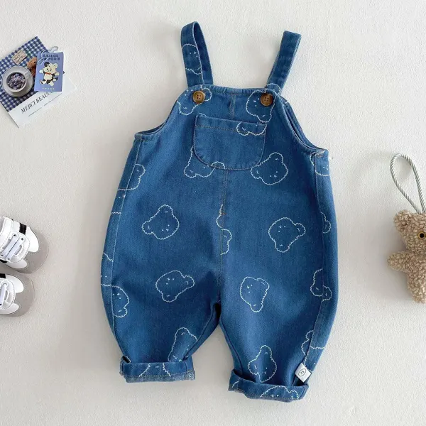 【6M-5Y】Unisex Cute Bear Print Denim Strap Pants - Popopieshop.com 