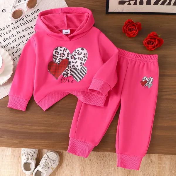【6M-3Y】2-piece Baby Girls Cute Heart Shape Print Rose Hooded Sweatshirt And Sweatpants Set - Popopieshop.com 
