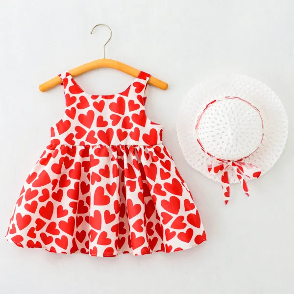 【6M-4Y】2-piece Girls Cute Heart Shape And Floral Print Sling Dress And Hat Set - Popopieshop.com 
