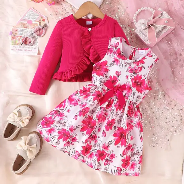 【3Y-7Y】2-piece Girls Sweet And Stylish Floral Print Dress And Rose Cardigan Set - Popopieshop.com 