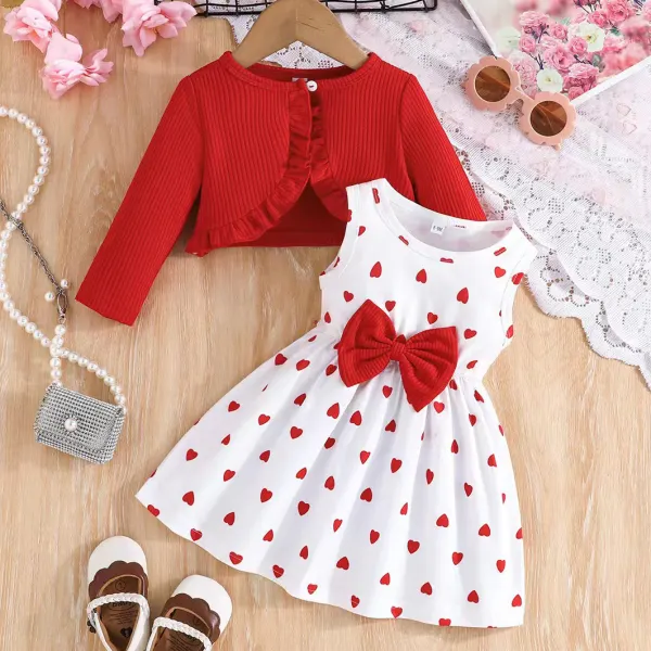 【6M-3Y】2-piece Baby Girl Cute Heart Shape Printed Bow Dress And Red Cardigan Set - Popopieshop.com 