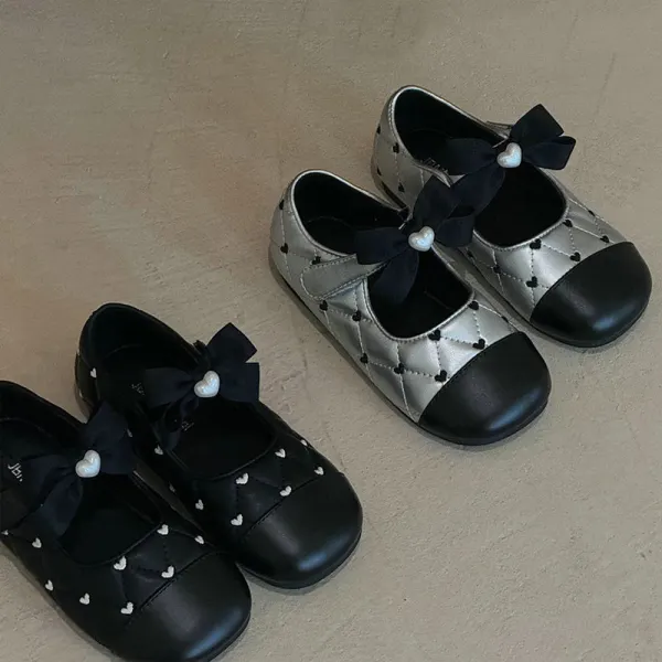 Girls Chanel Style Heart Embroidered Bowknot Soft Sole Princess Shoes - Popopieshop.com 