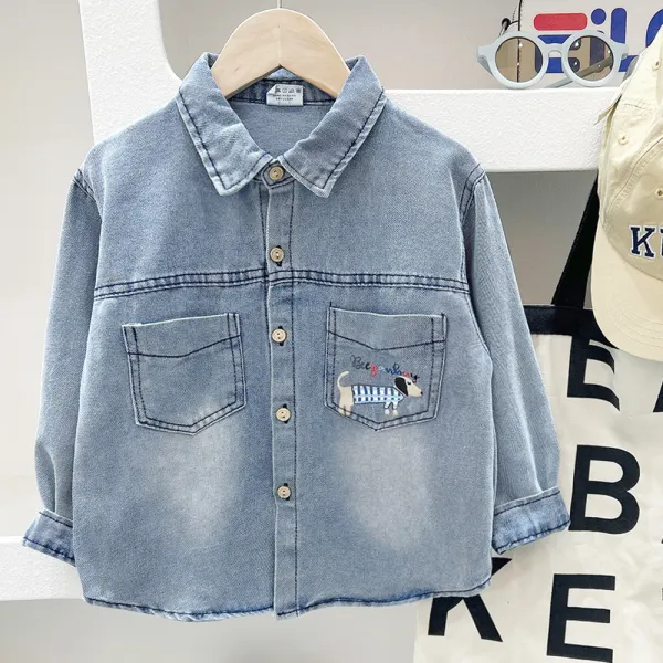 【2Y-10Y】Boys Casual Dog Print Washed Lapel Long Sleeve Shirt - Popopieshop.com 
