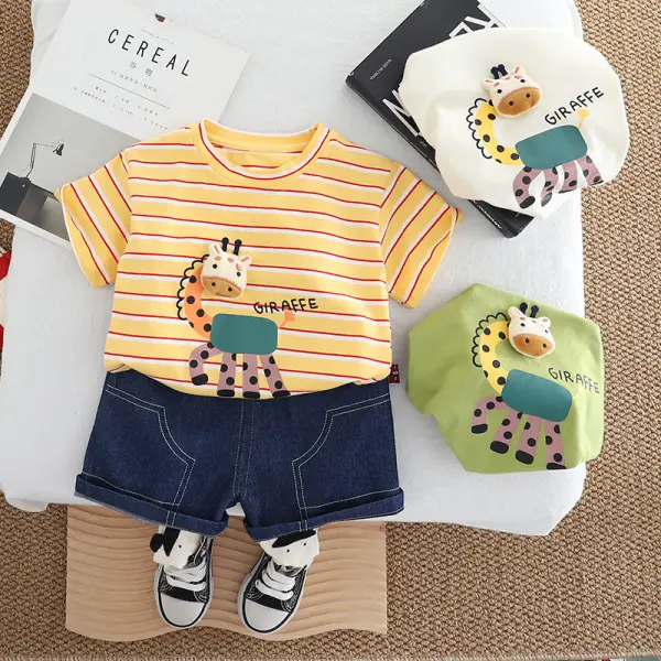 【12M-5Y】2-piece Boys Cute Cotton Striped Giraffe Print Short Sleeve T-shirt And Denim Shorts Set - Popopieshop.com 