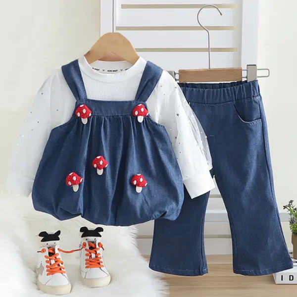 【12M-5Y】3-piece Girls Cute Puff Sleeve T-shirt Strawberry Sleeveless Denim Top And Jeans Set - Popopieshop.com 