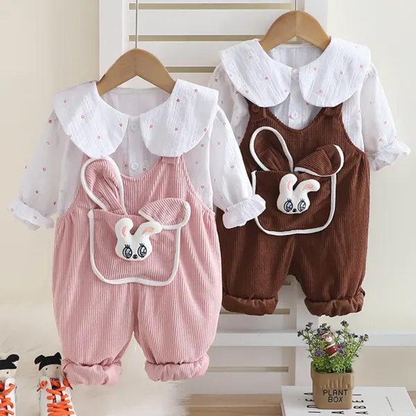【12M-5Y】2-piece Girls Cute Polka Dot Printed Doll Collar Long Sleeve Shirt And Corduroy Rabbit Pocket Strap Pants Set - Popopieshop.com 