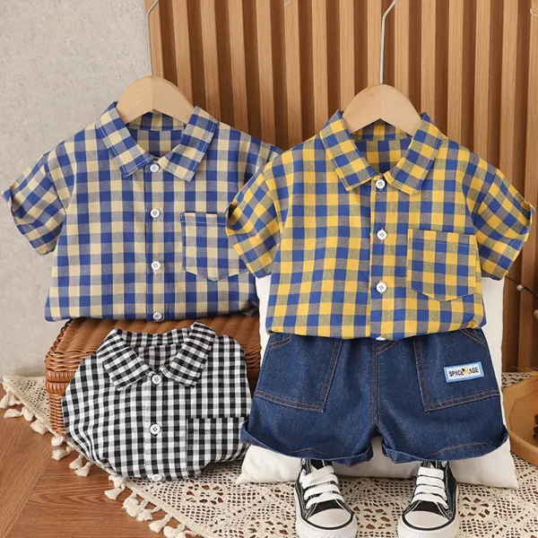 【12M-5Y】2-piece Boys Casual Plaid Lapel Short Sleeve Shirt And Denim Shorts Set - Popopieshop.com 