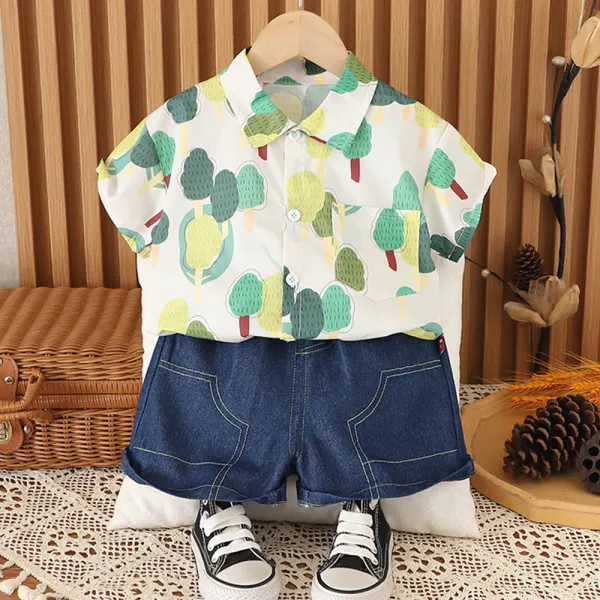 【12M-5Y】2-piece Boys Casual Leaf Print Short Sleeve Shirt And Denim Shorts Set - Popopieshop.com 