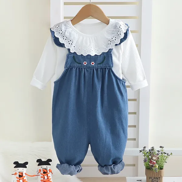 【12M-5Y】2-piece Girls Sweet Doll Collar Long Sleeve T-shirt And Floral Embroidery Ruffle Denim Strap Pants Set - Popopieshop.com 
