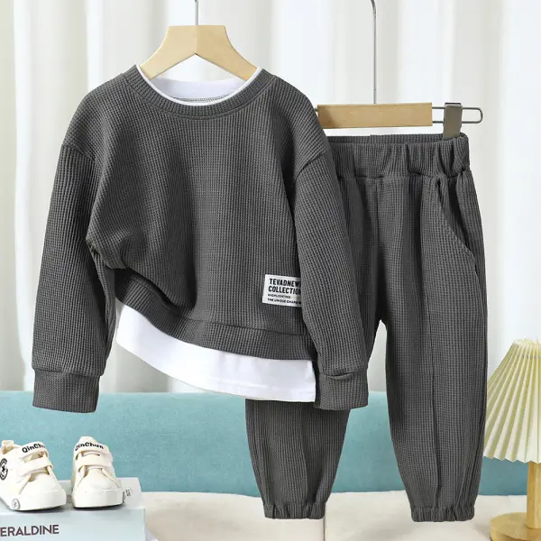 【18M-12Y】2-piece Boy Casual Fake Two Piece Colorblock Round Neck Sweatshirt And Pants Set - Popopieshop.com 