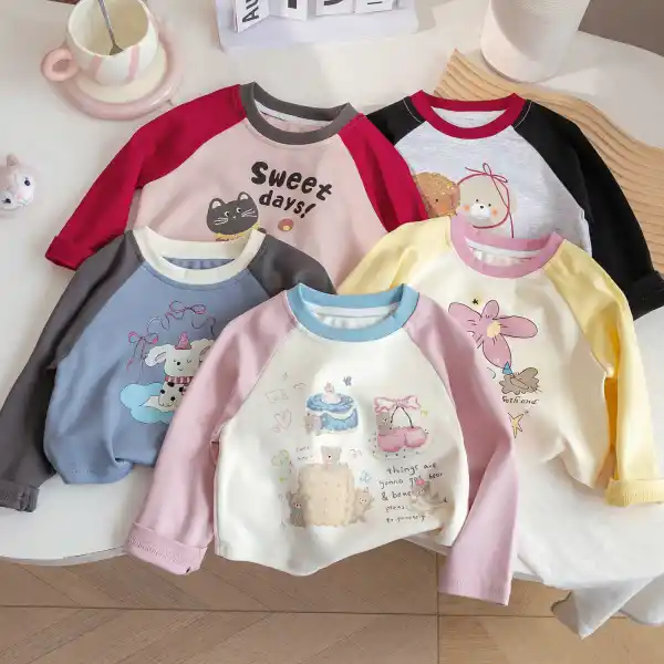【18M-6Y】Girls Cute Cotton Cartoon Print Color Block Long Sleeve T-shirt - Popopieshop.com 