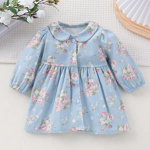 【6M-6Y】Girls Sweet Floral Printed Doll Collar Long Sleeve Dress - Popopieshop.com 