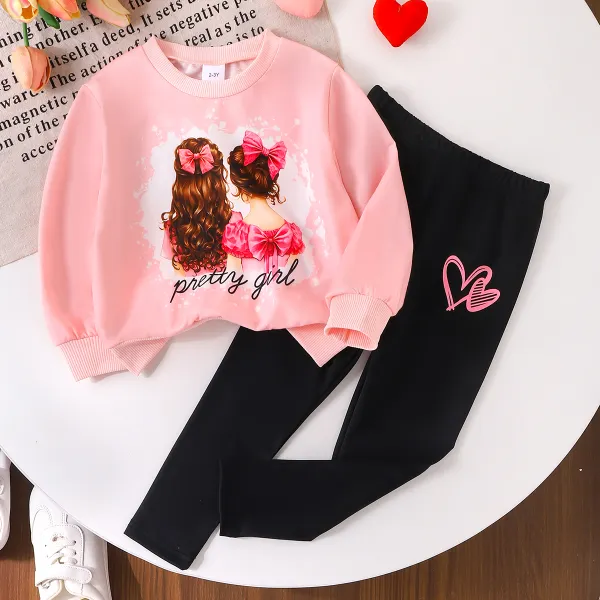【2Y-7Y】2-piece Girls Sweet Girl Print Crew Neck Sweater And Pants Set - Popopieshop.com 