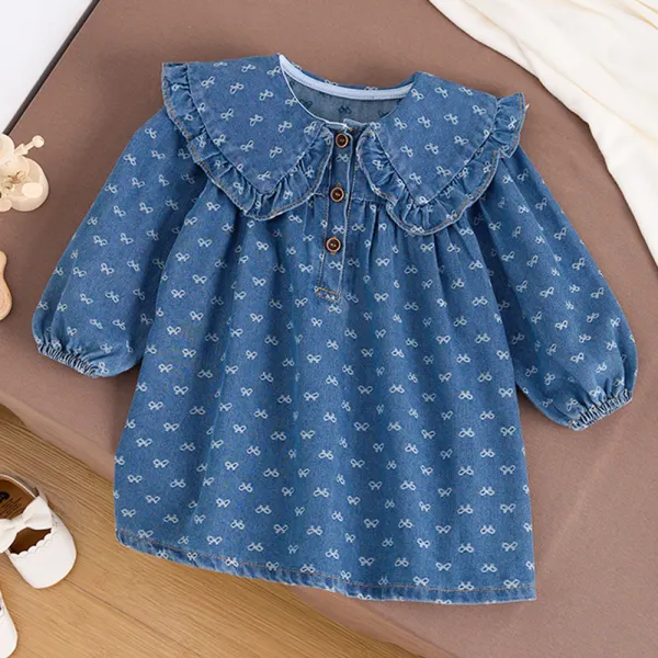 【12M-6Y】Girls Sweet Bowknot Printe Doll Collar Denim Dress - Popopieshop.com 