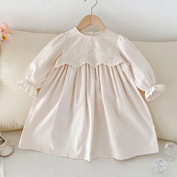 【6M-6Y】Girls Sweet Vintage Lace Embroidery Puff Sleeve Dress - Popopieshop.com 