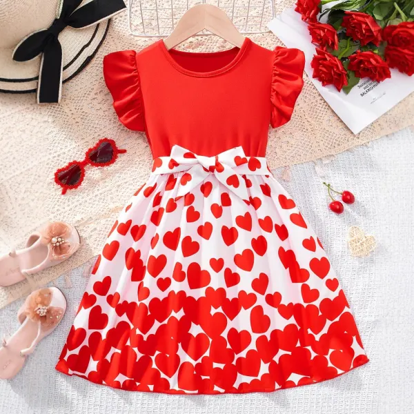 【4Y-12Y】Girls Sweetheart Red Heart Shape Printed Valentine's Day Dress - Popopieshop.com 