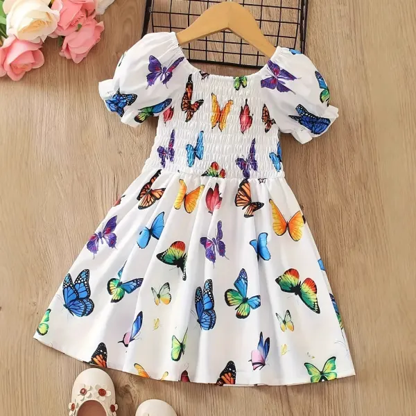【1Y-8Y】Girls Sweet Fashion Butterfly Print White Bubble Sleeve Dress - Thepopopie.com 