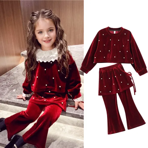【2Y-8Y】2-piece Girls Fashion Beaded Velvet Crew Neck Top And Flared Pants Set - Popopieshop.com 