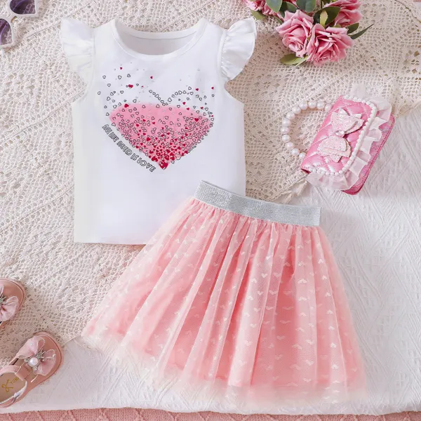 【2Y-7Y】2-piece Girls Sweet Heart Print Ruffled Tank Top And Puffy Mesh Skirt Set - Popopieshop.com 