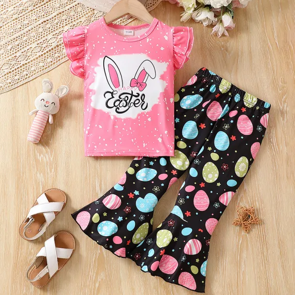【18M-6Y】2-piece Girls Easter Cute Rabbit Print Ruffled Tank Top And Flared Pants Set - Popopieshop.com 