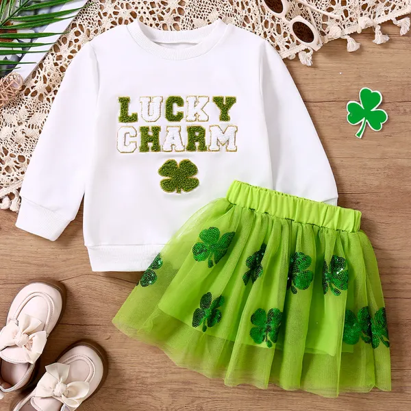 【6M-4Y】2-piece Girls St. Patrick Letters Embroidered Round Neck Sweatshirt And Four-Leaf Clover Sequin Embroidered Puffy Skirt Set Only $29.99 - Popopieshop.com 
