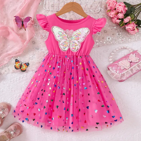 【2Y-7Y】Girls Sweet Rose Red Butterfly Embroidery Splicing Polka Dot Mesh Ruffle Dress - Popopieshop.com 