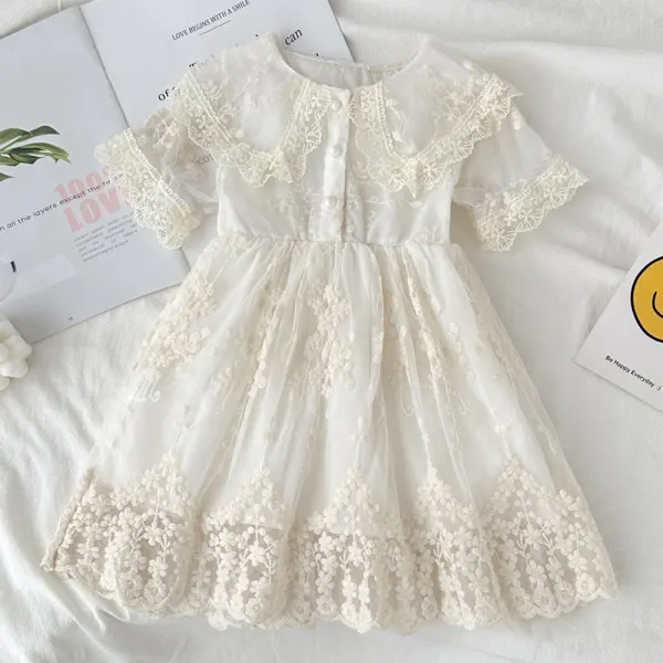 【18M-8Y】Girls Sweet Lace Embroidery Doll Collar Short Sleeve Dress - Popopieshop.com 