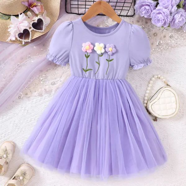 【2Y-7Y】Girls Sweet Flower Embroidery Puff Sleeves Splicing Layered Tulle Dress - Popopieshop.com 