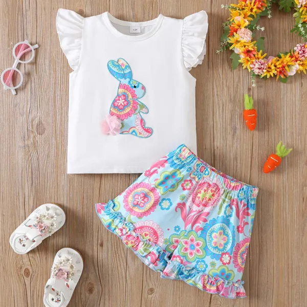 【2Y-8Y】2-piece Girls Cute Easter Rabbit Print Ruffled Tank Top And Shorts Set - Popopieshop.com 