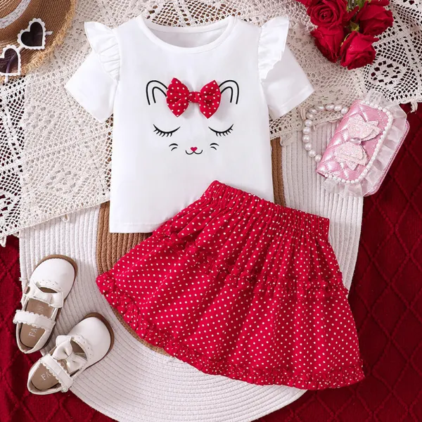 【2Y-7Y】2-piece Girls Sweet Cat Print Short Sleeve T-shirt And Chiffon Polka Dot Skirt Set - Popopieshop.com 