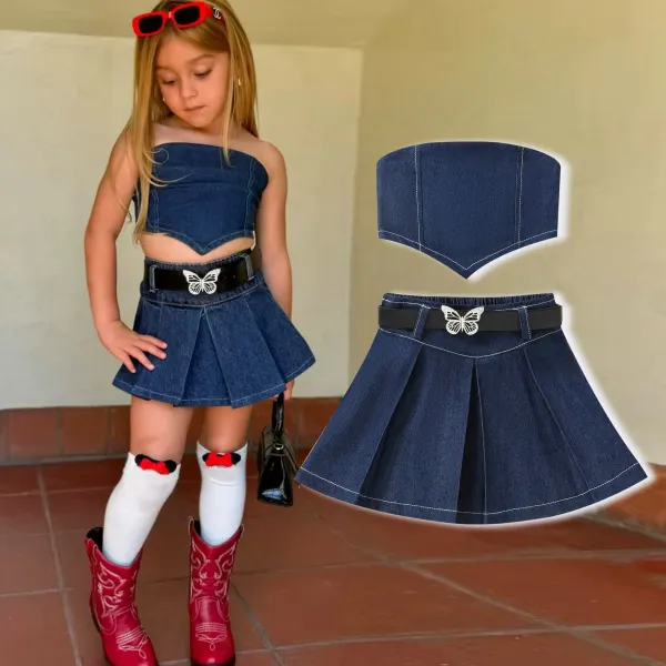 【18M-6Y】3-piece Girls Stylish Blue Denim Short Top And Skirt Set With Butterfly Belt - Popopieshop.com 