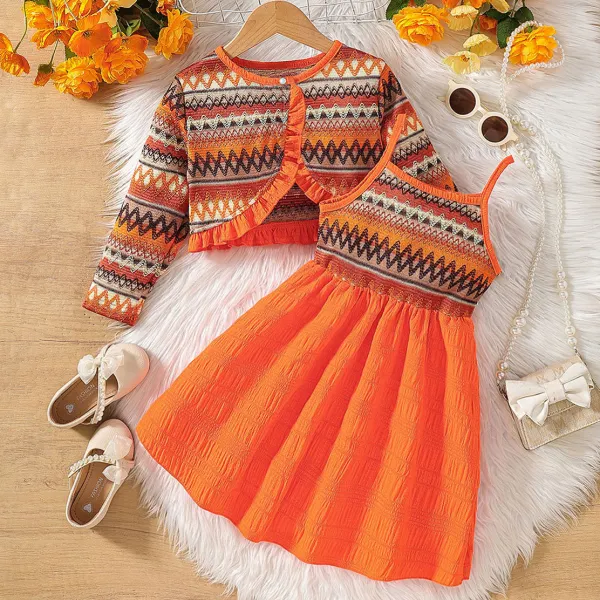 【3Y-7Y】2-piece Girls Bohemian Orange Sling Dress And Geometric Cardigan Set - Popopieshop.com 