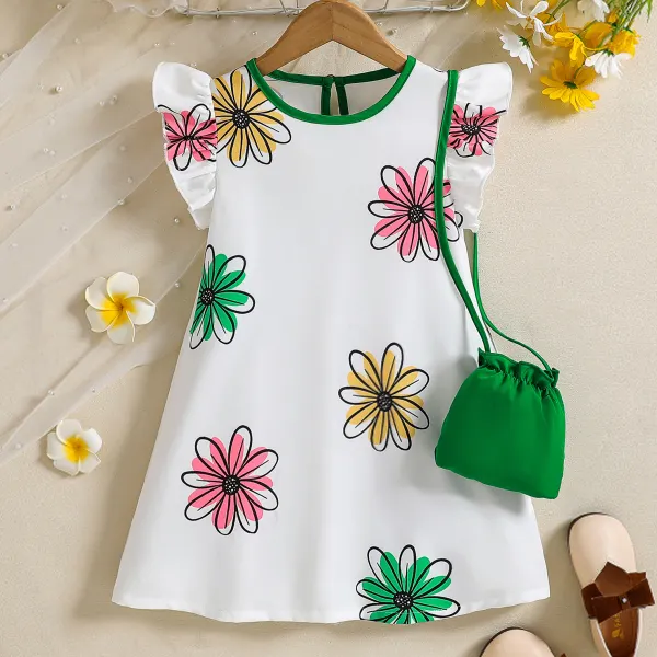 【3Y-7Y】2-piece Girls Cute Floral Printed Ruffle Sleeve Dress With Bag - Popopieshop.com 