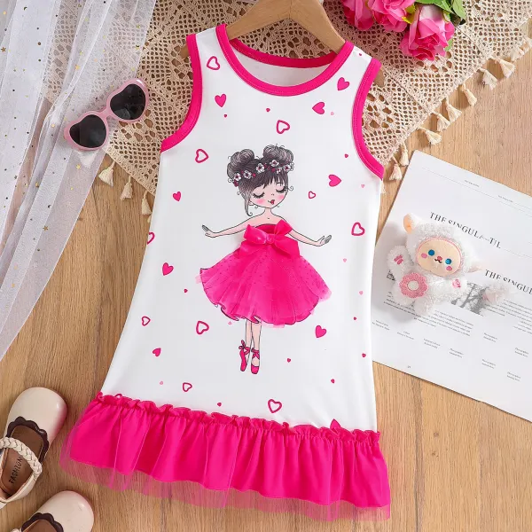 【3Y-7Y】Girls Cute Rose Red Heart Shape And Cartoon Printed Ruffle Sleeveless Dress - Popopieshop.com 