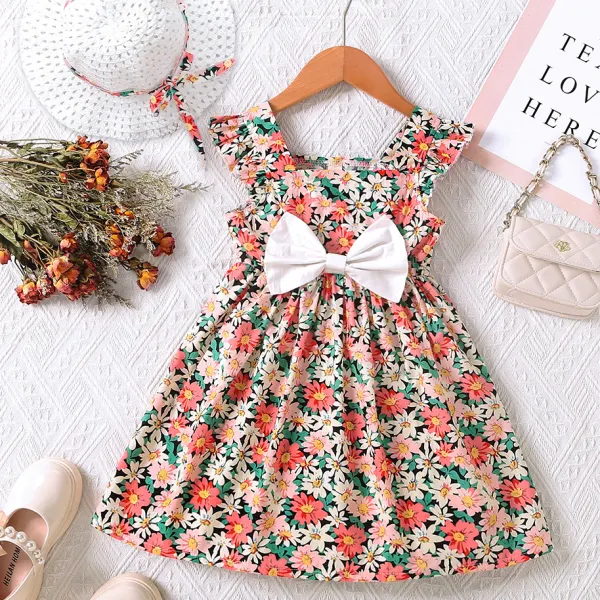 【18M-6Y】2-piece Girls Sweet Fashion Bow Design Floral Print Sleeveless Dress With Hat - Popopie.com 
