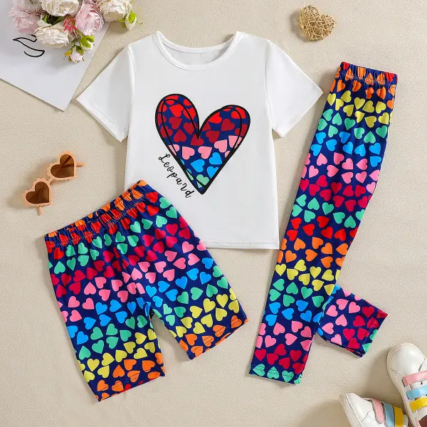 【3Y-7Y】3-piece Girls Stylish Rainbow Color Heart Shape Printed T-shirt And Shorts And Leggings Set - Popopieshop.com 