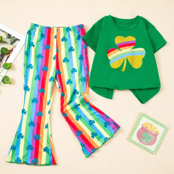 【12M-5Y】2-piece Girls Casual St. Patrick's Day Lucky Straw Print Green T-shirt And Rainbow Striped Pants Set Only $20.99 - Popopieshop.com 