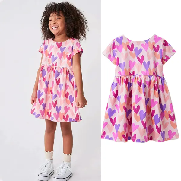 【2Y-10Y】Girls Sweet Pink Heart Print Short Sleeve Dress - Popopieshop.com 